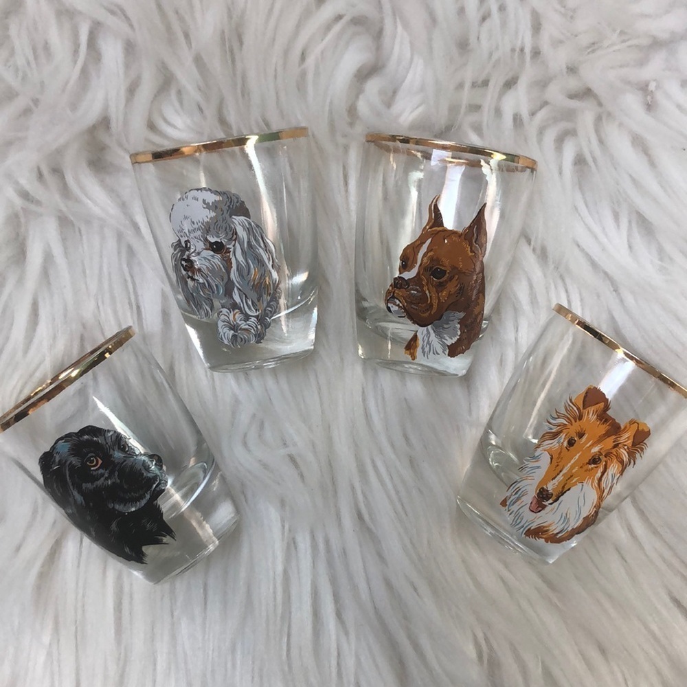Set Of 4 Hand painted Adorable Dog Motif Shot Glasses Gold Rim
